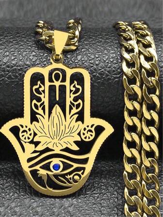 Lotus Hamsa Hand Necklace For Men Stainless Steel Gold Color Evil Eye  Hand Blue Crystal Pendant Chain