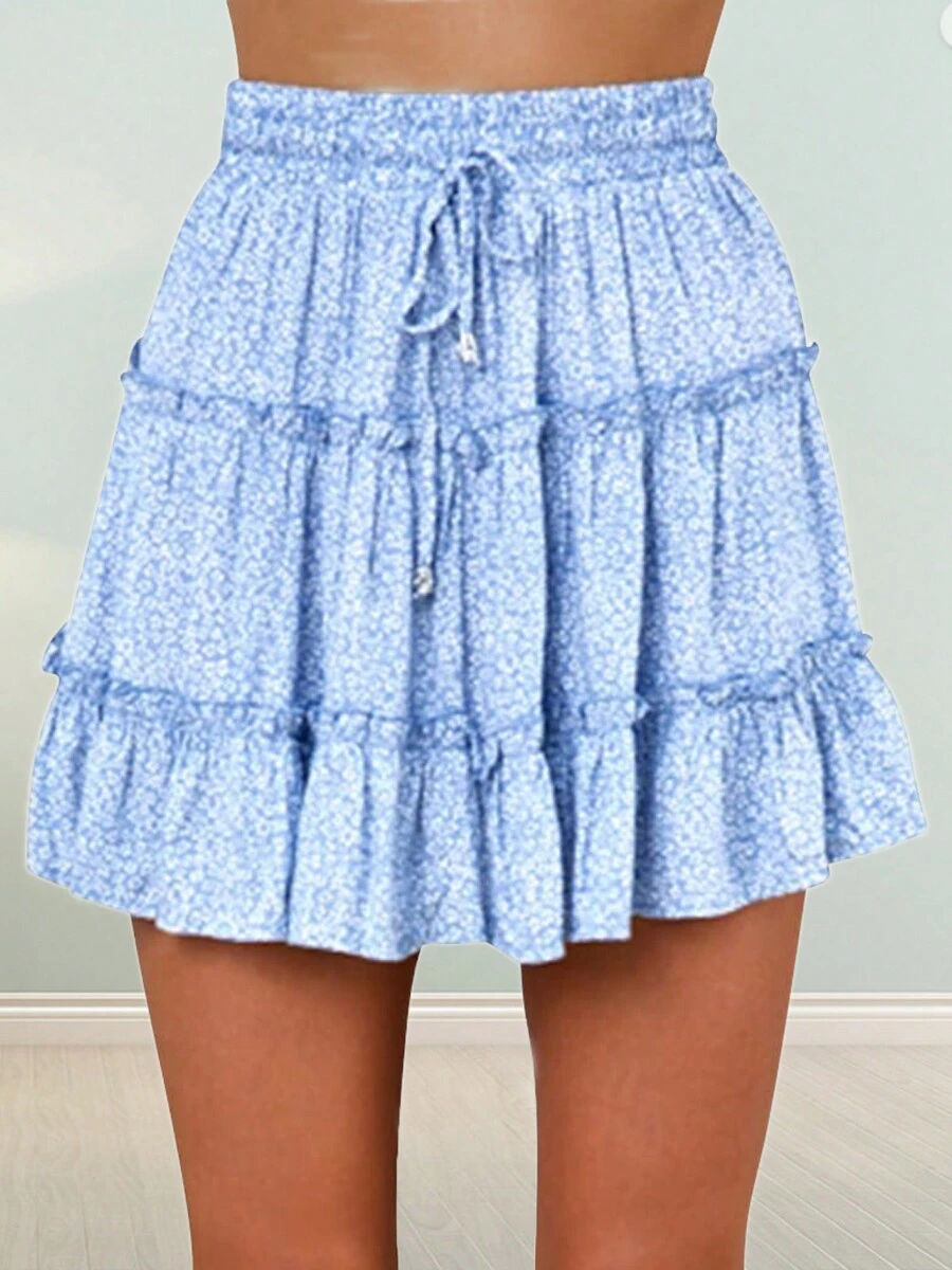 Summer Bohemian Light Blue Floral Print A-Line Tiered Mini Skirt For Women, Elastic Drawstring Waist Ruffle Flowy Casual Skirts For Women - 淺藍色 - 查看 1