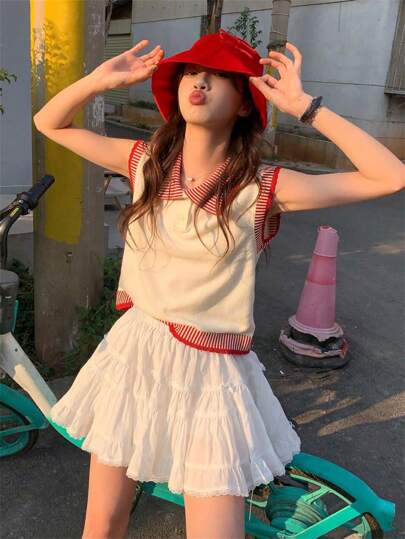 Cute Retro Polo Collar Sleeveless Knit Sweater Top, Lightweight Sleeveless T-Shirt For Women, Soft Casual College Style Essential For Summer