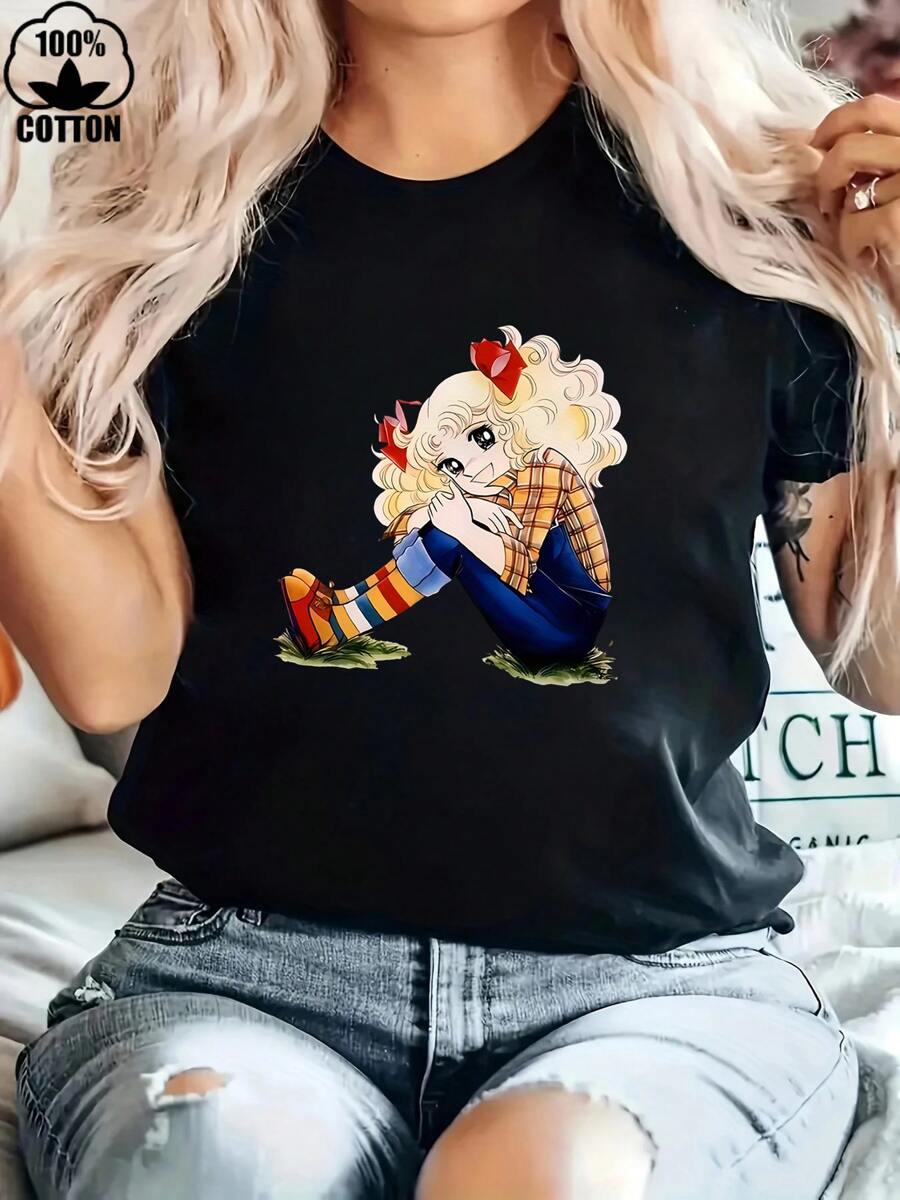Happy Valentine'S Day Women's  New Anime Candy Candy Periphery  T-Shirt, Women's 220g Round Neck Casual Heavy Pure Cotton T-Shirt (1 PC)