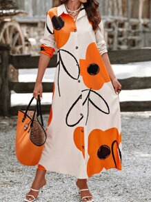 Spring And Summer Women's Lapel Floral Print Long Sleeve Maxi Shirt Dress,Vacation Beach Outfits - 橘色 - 查看 5