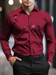 Men's Classic Fashion Red Long Sleeve Single-Breasted Collar Shirt, With Feather Design Details, Suitable For Spring, Summer, Autumn, Mature Style Suitable For Office, Business, Casual And Formal Occasions - Burgundy - View 1