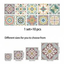 10 件花卉印花瓷砖贴纸，自粘 PVC 墙纸，适用于厨房、客厅、浴室墙壁、地板、桌子、橱柜和其他家居装饰翻新 - 彩色 - 查看 2