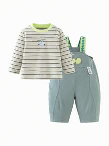 mini bala Kids' Overalls Set, Quick Dry T Shirt And Suspenders, Two Pieces Outfit For Boys And Girls - Green Coffee Color - View 5