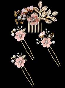 5件套精致粉色花朵发夹，适合新娘婚礼宴会、发饰、情人节配饰