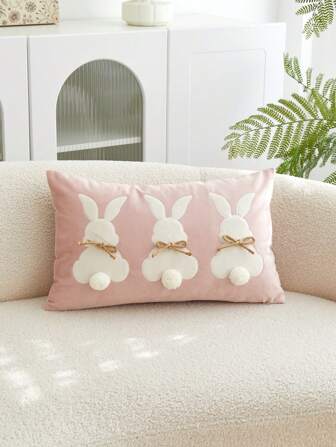 1 件粉色 3 只兔子刺绣抱枕套，适合室内装饰，四季皆宜，绒球和蝴蝶结装饰枕套，不含枕芯