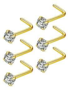 6pcs/Set Stainless Steel Nose Studs Stylish Rhinestone Decor Nose Stud For Women & Men 20G L-Shaped Nose Piercing Jewelry 3MM,Nose Stud Set, Stainless Steel Jewelry, Stainless Steel Jewelry Set - View 1