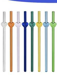 6支玻璃吸管，配1个吸管刷，8毫米可重复使用玻璃吸管，心形吸管，礼品装 - 彩色 - 查看 2