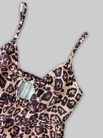 性感豹纹吊带短款背心，褶饰荷叶边扇形肩带蕾丝边猎豹透明网眼 Y2K 无袖上衣，系带前喇叭形蝴蝶结女士外出装，春夏秋季