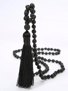 1 件波西米亚珠饰流苏吊坠长项链打结 108 颗念珠 6 毫米熔岩项链冥想瑜伽祈祷珠宝女士度假 - 黑色 - 查看 2