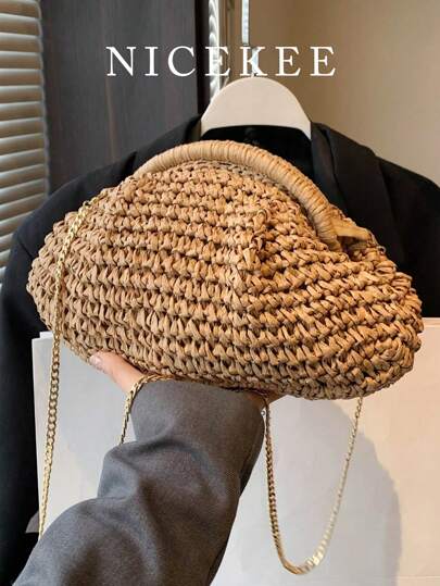 Bolsa de Palha de Design de Moda para Mulheres, Bolsa de Ombro Casual Combinável de Estilo Literário Trançado Mori de Nicho de Moda Popular, Bolsa a Tiracolo, Adequada para Sair, Encontros, Compras, Presentes, Ir e Vir, Bolsa de Praia de Verão Chamativa, Bolsa de Praia de Palha de Verão para Mulheres, As Melhores Bolsas de Praia para Mulheres, Bolsa de Férias de Verão da Moda, Bolsas Essenciais de Praia para Mulheres em Férias e Feriados