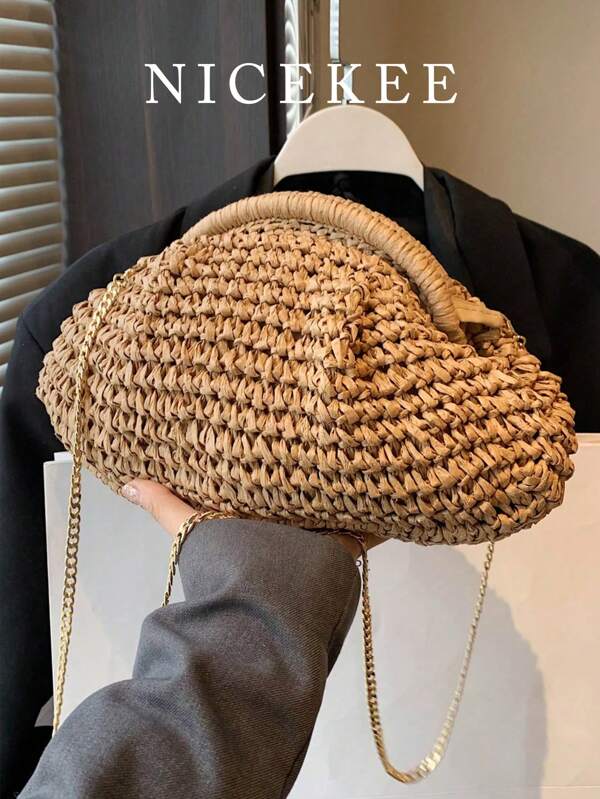 Geantă de paie cu design la modă pentru femei, lanț în stil literar țesut în stil Mori popular la modă, geantă de umăr, geantă crossbody casual pentru femei, potrivită pentru ieșiri în oraș, întâlniri, cumpărături, cadouri, naveta, geantă de plajă atrăgătoare de vară, geantă de plajă de paie de vară pentru femei, cele mai tari genți de plajă pentru femei, geantă de vacanță de vară la modă, genți esențiale pentru plajă pentru femei pentru vacanță și sărbătoare