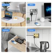 电源 7 合 1 扁平插头电源插座延长线，4 个 USB 充电端口延长插座，壁挂式，一键电源控制，过载保护，13A 3120W 电源插座，黑白金，适用于家庭办公室