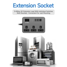 电源 7 合 1 扁平插头电源插座延长线，4 个 USB 充电端口延长插座，壁挂式，一键电源控制，过载保护，13A 3120W 电源插座，黑白金，适用于家庭办公室