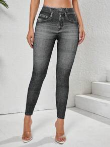 Summer Workout High Waist High Elastic Polyester Jeaned Print Tights Cycling Shorts, Shaping, Suitable For Gym, Outdoor Cycling, Running, Yoga, Extreme Sports And Commuting - Grey - View 6