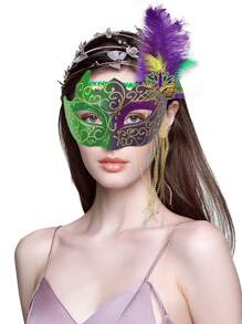 1 pieza Máscara de medio rostro pintada con lentejuelas para el Festival Carnaval de Río de Janeiro y Nueva Orleans, accesorio de disfraz de pareja para fiestas - Multicolor - Ver 2