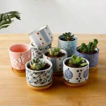 Flower Pot With Bamboo Mat Japanese Style Ceramic Lot Mini Cement Succulent Bonsai Planter Garden Decor Office Home Plant