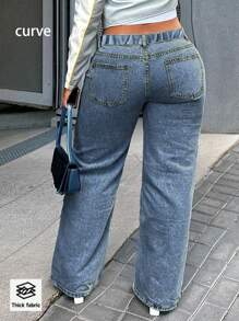 European And American Hot Selling New Style Simple Casual Mid-Rise Waist Elastic Waist Women's Plus Size Jeans - 深色水洗藍 - 查看 4