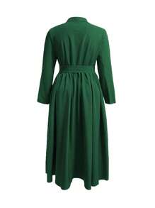 Plus Size Solid Color Front Button Long Sleeve Gathered Simple Long Dress - Dark Green - View 2