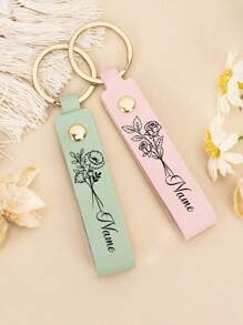 LICVIC 1pc Custom Birth Flower Leather Keychain, Personalized Engraving Name Keychain, With Key Rings Rivets, 8.5cm/3.34in, 4 Colors Green/White/Pink/Blue - Style a - View 3