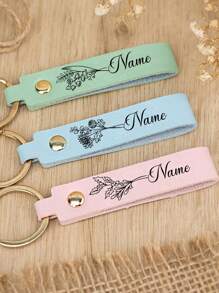LICVIC 1pc Custom Birth Flower Leather Keychain, Personalized Engraving Name Keychain, With Key Rings Rivets, 8.5cm/3.34in, 4 Colors Green/White/Pink/Blue - Style a - View 4