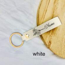 LICVIC 1pc Custom Birth Flower Leather Keychain, Personalized Engraving Name Keychain, With Key Rings Rivets, 8.5cm/3.34in, 4 Colors Green/White/Pink/Blue - Style a - View 9