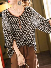 YUXIN Women's Spring - Summer Retro Floral Top, Crew Neck Lantern Sleeve, Daily Outing/Light Social, Breathable Slim - Fitting Fashion Blouse