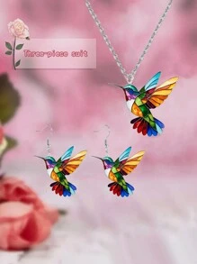 1 set de joyería minimalista con collar y aretes de colgante acrílico con estampado de colibrí esmaltado