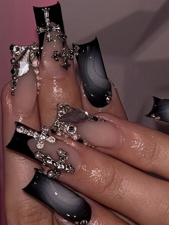 Y2K 24Pcs Gothic Nails Medium Square Shape Press On Nails Bling Flash Fake Nails French Black False Nails 3D Nails Art Cross Nails Nail Supplies Nails