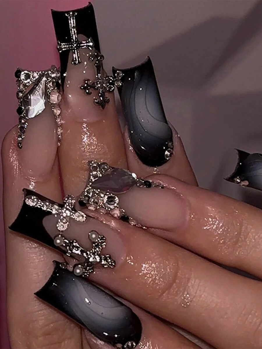 Y2K 24 片哥特式指甲中方形按压指甲闪亮假指甲法式黑色假指甲 3D 指甲艺术十字指甲美甲用品指甲 - 彩色 - 查看 1