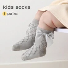 1 Pair Girls Waffle Knit Bow Mid-Calf Socks, Spring/Autumn