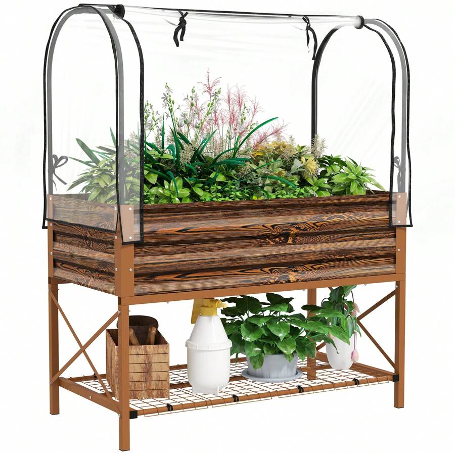 Outsunny Raised Garden Bed With Cover And Storage Shelf, Rectangular Metal Elevated Planter Box With Legs And Bed Liner - Dark Brown - View 1