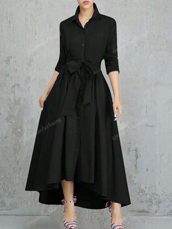 Women's Solid Color Single-Breasted Shirt Dress With Tie Waist, A-Line Silhouette, New Autumn/Winter Collection