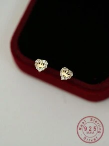 1 pereche de cercei tip coroana eleganti, placati cu aur de 14k, argint S925, cu cristale de zirconiu cubic pentru fetita