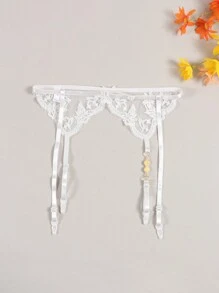 Đai garter rỗng thoáng khí ren gợi cảm họa tiết hoa kim loại trong suốt & trang trí ngọc trai cho nữ - trắng - Xem 2