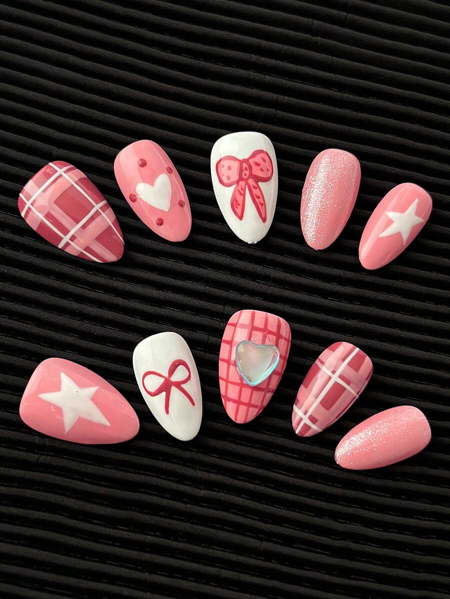 10 pezzi/confezione Unghie finte a forma di mandorla fatte a mano, decorazione 3D multicolore a farfalla e cuore, unghie finte a copertura totale brillanti per il fai da te, ideali per San Valentino - Multicolore - Visualizzare 1