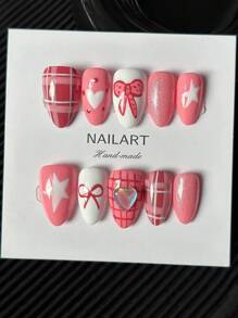 10 pezzi/confezione Unghie finte a forma di mandorla fatte a mano, decorazione 3D multicolore a farfalla e cuore, unghie finte a copertura totale brillanti per il fai da te, ideali per San Valentino - Multicolore - Visualizzare 3