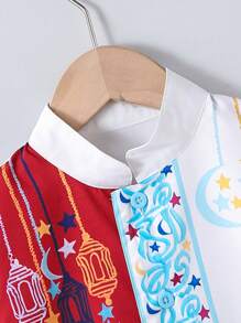 年轻男孩服装 - 飘逸的裤子和羽毛印花衬衫，一份可爱的礼物 - 白色 - 查看 5