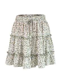 Women's Ruffle Floral Short Skirt High Waist A-Line Tie-Up Pleated Skirts For Summer - màu xanh lá - Xem 4