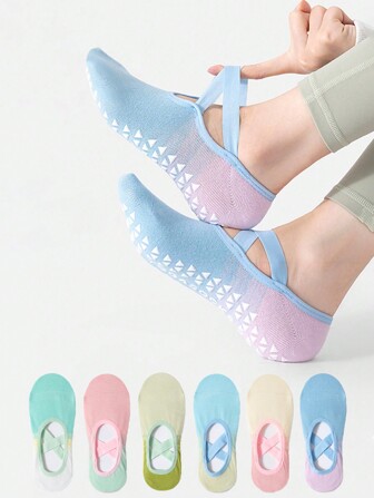 1 par/3 par/6 par kvinnors tonad färg yoga fitness sportstrumpor, halkfria rygglösa korta rör korsband inomhus dans pilates golvstrumpor, vår och sommar, höst