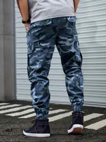 Men's Camouflage Print Cargo Pants, Loose Fit And Cuffs, With Multiple Flap Pockets, Versatile For Street Wear And Outdoor Activities - Màu xanh lam - Xem 2