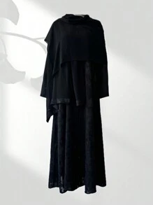 Chiffon Jacquard Muslim Long Abaya With Open Front, Muslim Long Abaya With Headscarf, Modest - Black - View 2