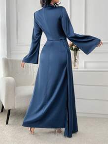 Women's Elegant Robe Dress With Waist Ruffle, Long Sleeve Evening Gown, Spring/Summer