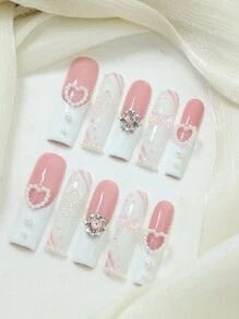 10 件手工假指甲按压指甲、长棺材指甲、婚礼指甲、白色情人节指甲、亚克力指甲套装 3D 水钻闪光人造宝石、心形、Y2K、Xxoo、法式尖头指甲设计美甲适合日常佩戴 DIY 美容礼物 - 彩色 - 查看 1