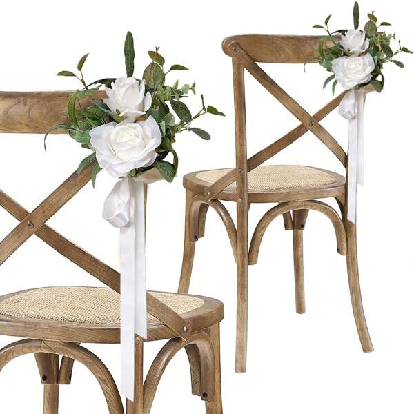 2 peças/4 peças/6 peças decorações para cadeiras de corredor de casamento, cadeira de igreja, banco, laços para cerimônia de casamento, decoração de festa, rosas brancas, eucalipto, folhas de oliveira, flores artificiais, decoração para festa de casamento