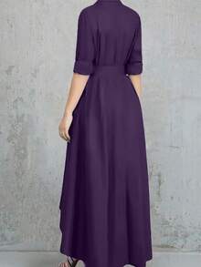 Women's Solid Color Single-Breasted Belted A-Line Dress, New For Autumn/Winter - Purple - View 2