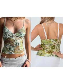 Women Crop Lace Camisole Casual Floral Print V-Neck Spaghetti Straps Tank Tops Sleeveless T-Shirt For Club Streetwear - Green - View 2