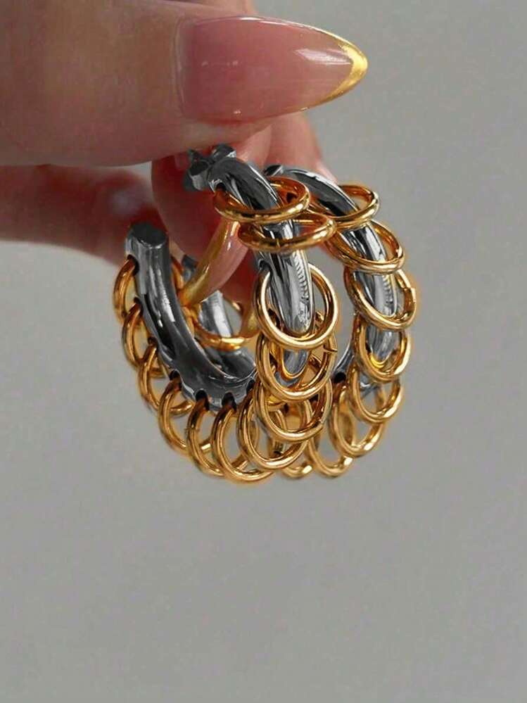 Nouvelles boucles d'oreilles à anneaux à la mode avec chaîne à franges en acier inoxydable pour femmes. Boucles d'oreilles à anneaux épaisses en acier inoxydable de ton double punk cool, accessoire de bijoux - Multicolore - Voir 12
