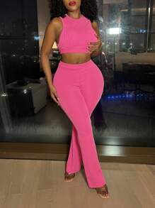 Womens Outfit Sets - Sexy Bodysuit And Wide Leg Pants, Summer Fashion For Club, New Year And Valentine Day Outfits - 玫紅色 - 查看 8