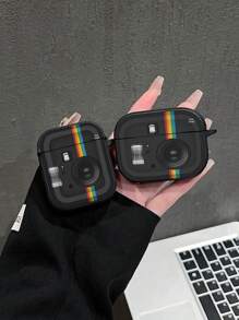 Leren textuur oortelefoonhoesje, creatieve instant camera-stijl beschermhoes compatibel met AirPods Pro 2e generatie, AirPods 1/2/3, draadloze Bluetooth-oortelefoon, minimalistische INS-stijl, zwart en wit